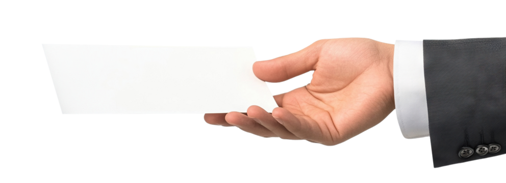 Businessman's hand holding a blank white card, isolated on transparent cutout background