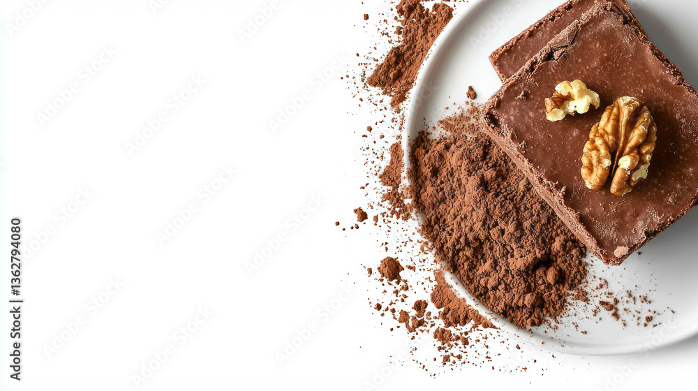 Poster decadent chocolate fudge dessert with cocoa and walnuts on a white plate