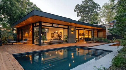 Fototapeta premium Modern House with Pool and Deck at Dusk