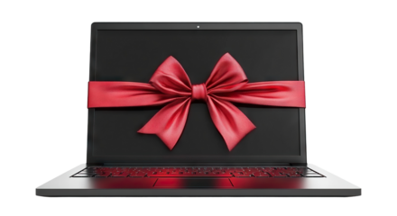 Modern laptop wrapped with red ribbon bow, isolated on transparent cutout background