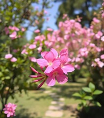Pink Adenium obesum blooms in sharp focus, vibrant against a blurred backdrop of lush green foliage and flowering trees, spring, flora