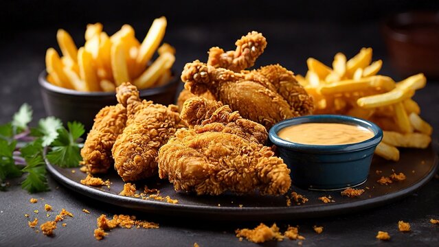 golden crispy fried broast chicken with a crunchy textured coating with fries and dipping sauce