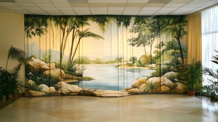 Tropical landscape mural on curtain in a room.