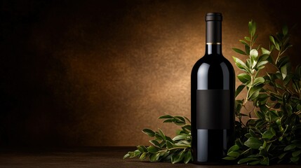 A dark, elegant wine bottle stands against a warm background, surrounded by greenery, This image is ideal for wine branding, marketing materials, or as a stylish element for restaurants,