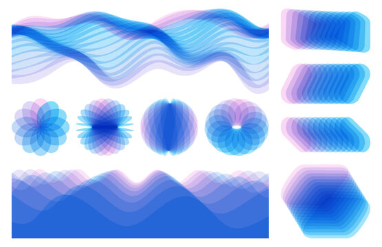 Abstract wavy background made of many overlapping stripes and with dynamic effect. Ocean seascape. Sea surface. A set of geometric shapes: sphere, parallelepiped and torus. Vetor for cover or print.