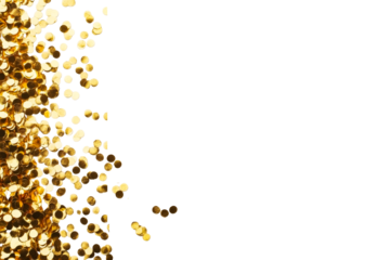 Gold confetti scattered on a transparent background for celebrations
