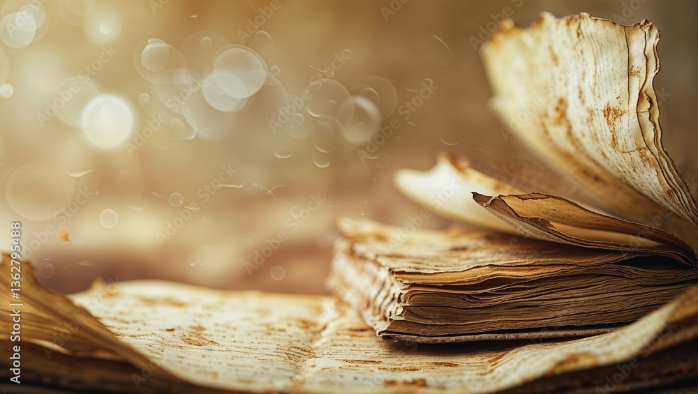 Poster ancient, weathered book pages open under soft light revealing text and textures in a warm setting