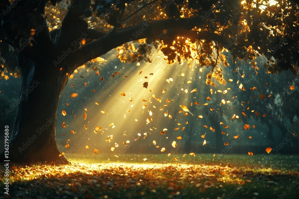 Poster sunlight filters through trees, illuminating autumn leaves in a tranquil park setting during a sunny
