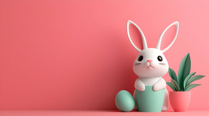 Cute White Bunny with Easter Egg and Plant on Pink Background