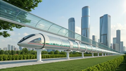 Naklejka premium A futuristic monorail system glides past towering skyscrapers, showcasing advanced transportation in a modern urban landscape.