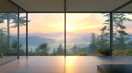 Sunrise view from modern minimalist room with floor-to-ceiling windows.