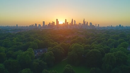 London Skyline Sunset: Cityscape Aerial View Over Lush Greenery