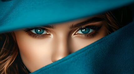 Fototapeta premium Striking blue-eyed woman peeking from behind a vibrant teal coat