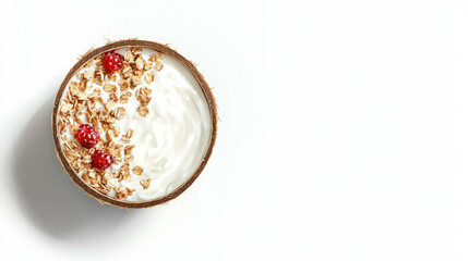 Delicious coconut yogurt bowl with fresh berries and granola on white background