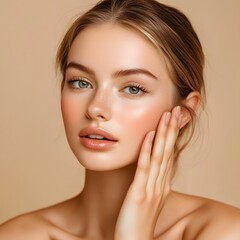 Natural beauty portrait featuring a model with radiant skin and soft makeup on a neutral background