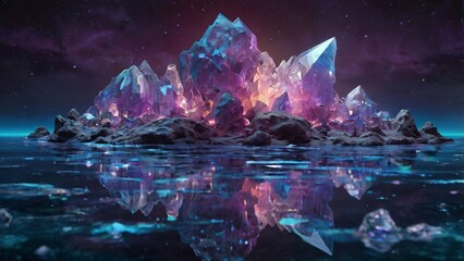 A mesmerizing collection of sharp, translucent crystals illuminated by ambient light, creating a dreamlike, otherworldly atmosphere.