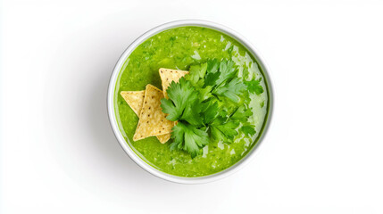 Obraz premium Fresh coriander and avocado salsa with tortilla chips for appetizer or snack