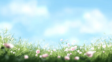Fototapeta premium blue spring blurred background with space for text with blue sky, small strip of green grass and pink flowers below