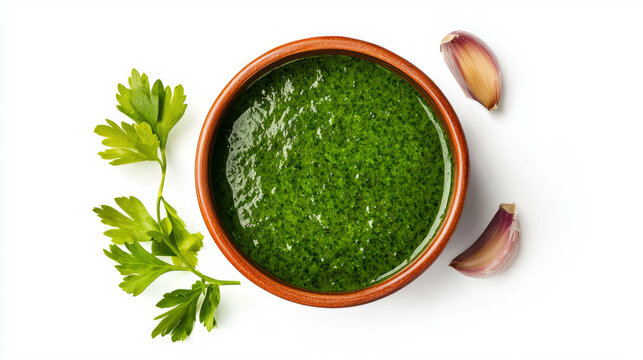 Fresh coriander and garlic marinade in ceramic bowl with garlic cloves and leaves for culinary and gourmet use