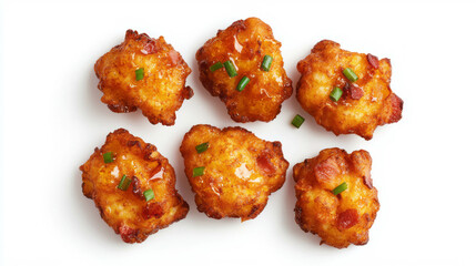 Delicious corn and bacon fritters on white background for culinary inspiration