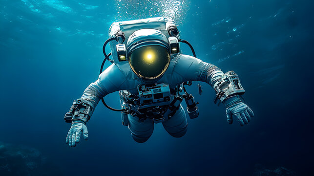 Astronaut floating underwater in zero gravity simulation with glowing helmet light. training concepts, sci-fi art, exploration themes.