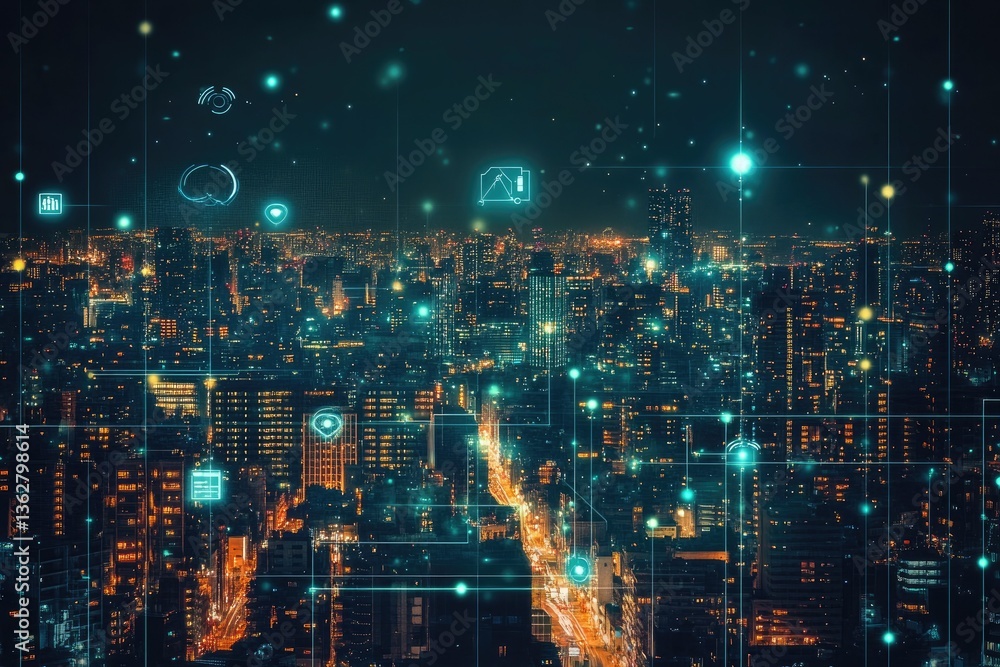 Poster futuristic night cityscape with glowing data overlay and interconnected network symbols