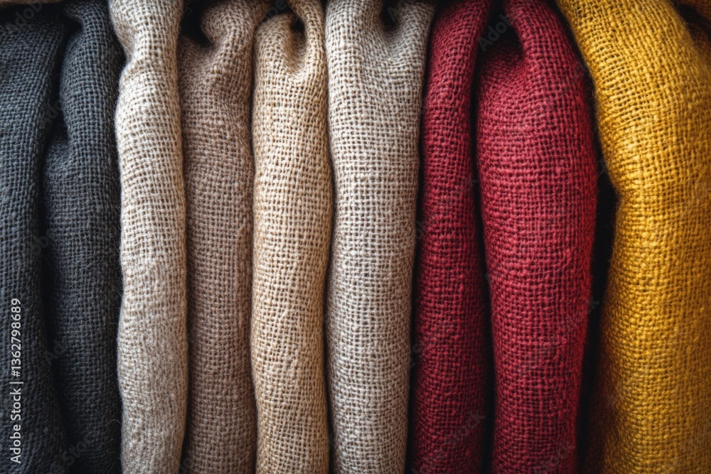 Poster textiles arranged in a colorful display showcasing different shades in a market setting