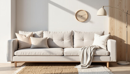 Minimalist beige sofa with cushions and throw in airy living space  