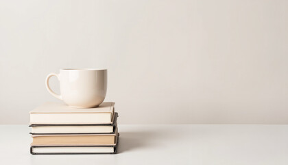 Cozy coffee cup resting on stacked books against a minimalist background  