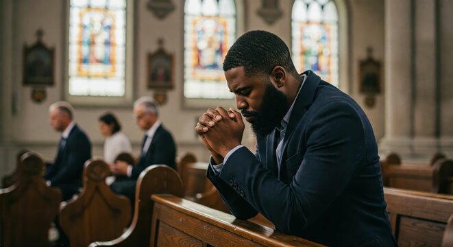 A man in a formal suit prays in a church, deeply engaged in spiritual reflection. Behind him, a group of people also participate in worship, creating a solemn and reverent atmosphere. 