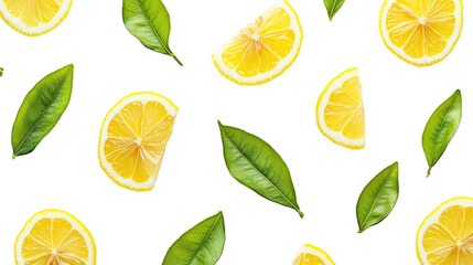 A pattern of lemons and leaves is shown on a white background