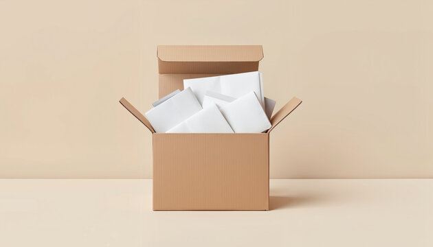 Brown box filled with white envelopes on a beige background  