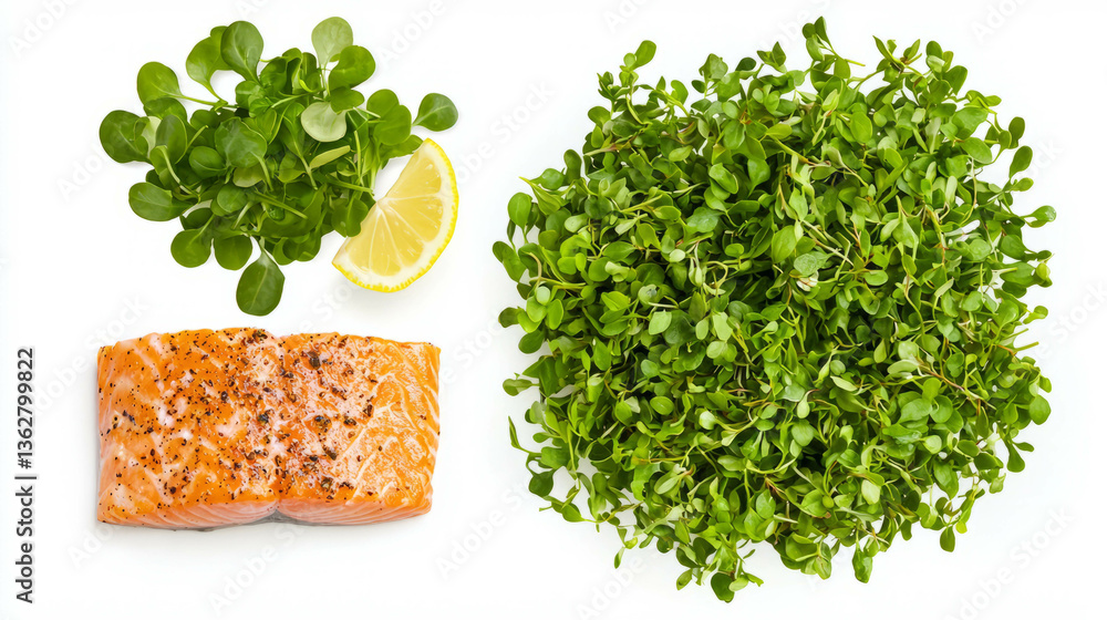 Aufkleber fresh cress salad with grilled salmon and lemon for a healthy meal