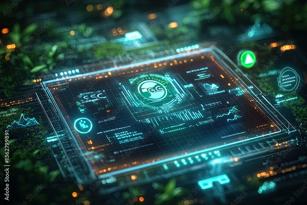 Poster futuristic technology interface with data overlay and greenery, circuitry and charts