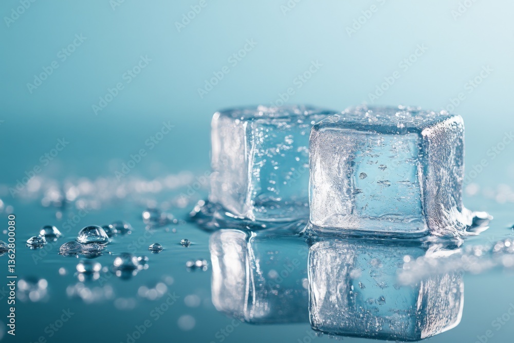 Poster ice cubes resting on a glass surface with droplets reflecting soft light in a tranquil setting