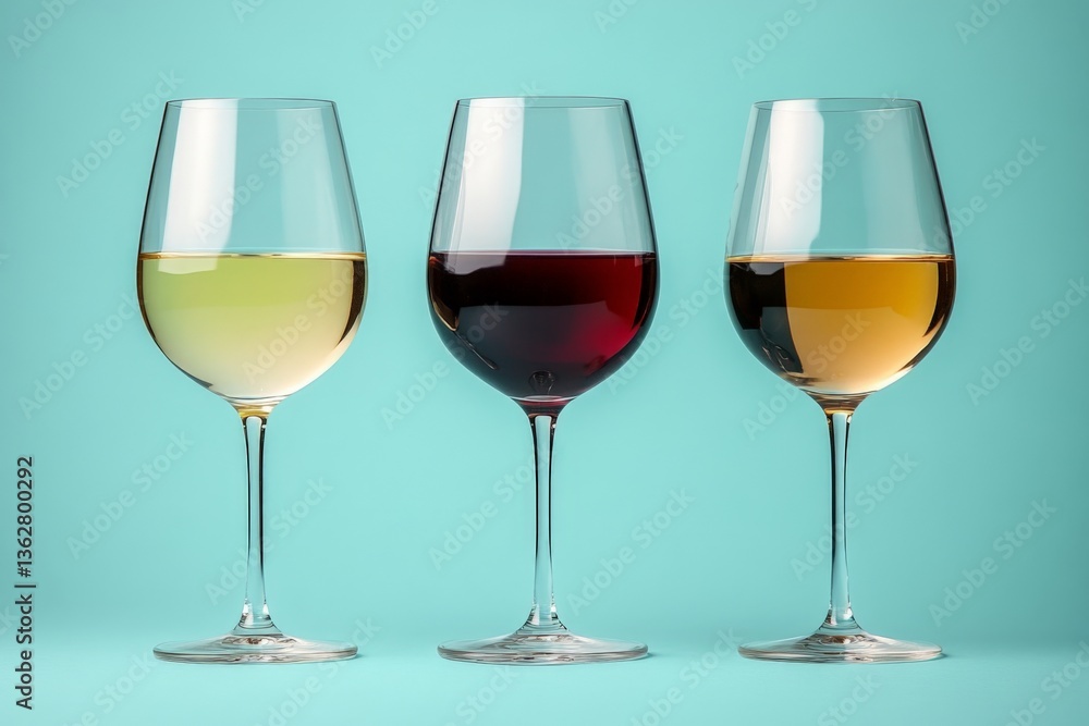 Poster three glasses of wine showcasing distinct colors and varieties against a turquoise background at a c
