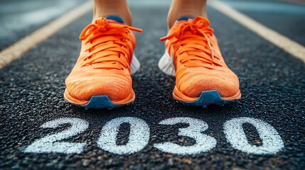 Running Towards 2030: A Motivational Fitness Image, A close-up of a person's feet in orange running shoes positioned on a track with the number 2030 painted on it