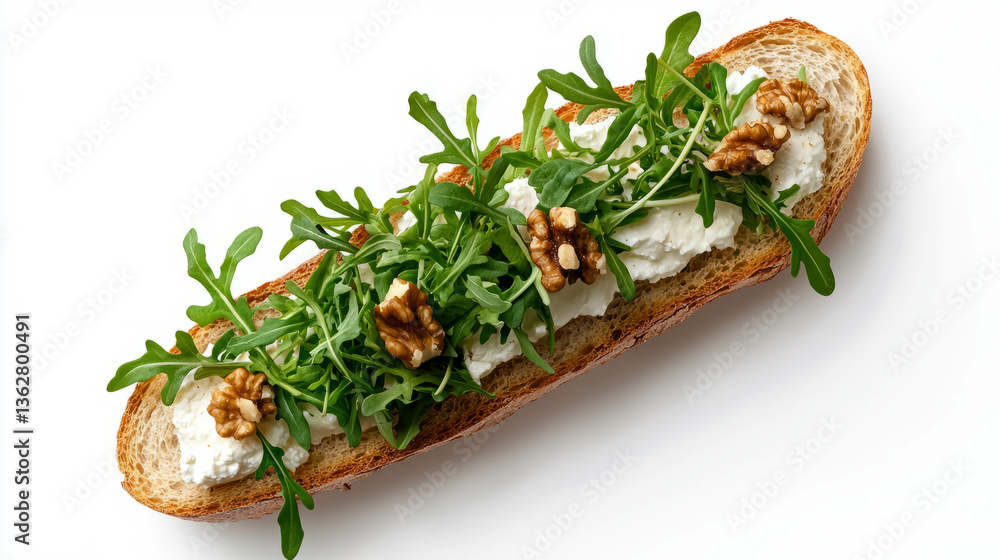 Aufkleber fresh cress salad with goat cheese and walnuts on rustic bread - culinary presentation for healthy d