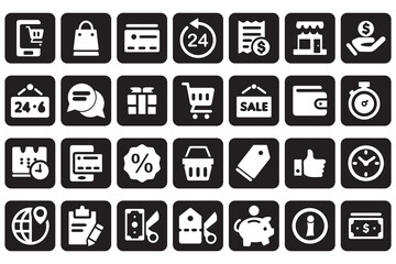 Black square shopping and e-commerce icons with cart, wallet, discount, sale, payment, and store symbols. Perfect for websites, apps, businesses, and online shops.