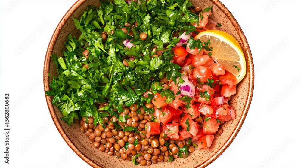 Poster fresh cress and lentil salad with tomato and lemon garnish for healthy dining