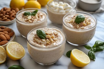 Delicious lemon dessert served in bowls with nuts and fresh herbs on a marble countertop