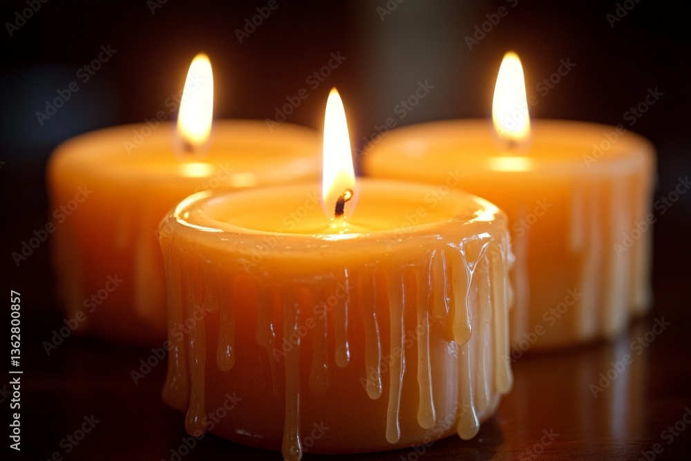 Poster three lit candles create a warm ambiance with wax dripping down in a cozy setting during the evening