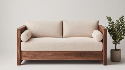 Floating wooden sofa with hidden storage, minimalist aesthetic, rich walnut wood, soft beige cushions