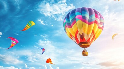 Fototapeta premium Colorful hot air balloon soaring in a vibrant sky with kites.