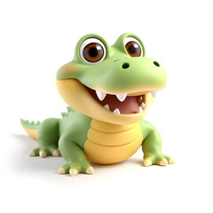 Fototapeta premium Crocodile – 3D baby crocodile, tiny soft teeth, chubby round body, big bright eyes, pastel green and yellow tones, white background Generative AI