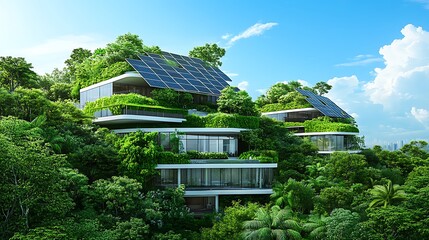Eco-Friendly Hillside Homes: A Lush 3D Render of Sustainable Architecture AI Generated