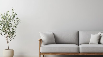 Scandinavian wooden luxury sofa, angular frame, soft grey cushions, refined minimalist aesthetic