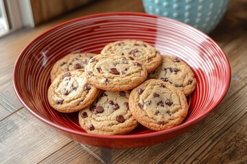 Freshly baked chocolate chip cookies arranged in a red bowl on a wooden table with natural light streaming in