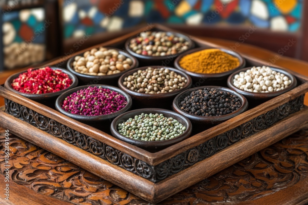 Poster colorful assortment of spices displayed on a wooden tray in a vibrant market setting in the afternoo