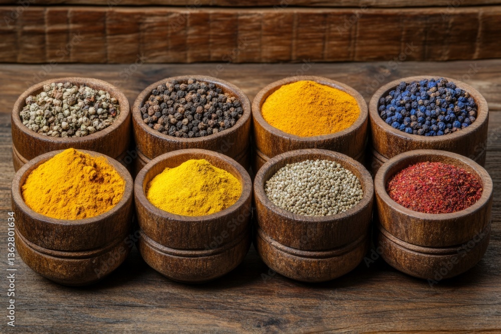 Aufkleber Colorful spices arranged in wooden bowls displayed on a rustic table setting with earthy tones